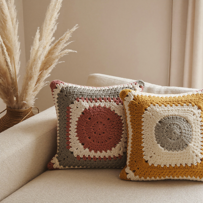 Coussin au crochet granny square sur un canapé en lin