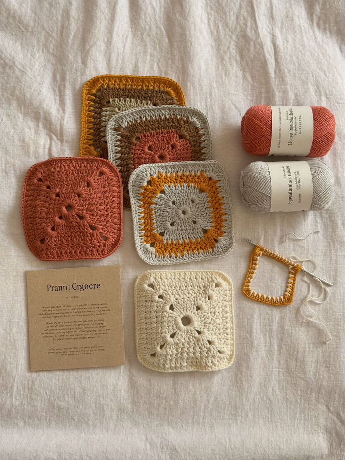 Kit granny square : carrés au crochet, pelotes de coton et fiche