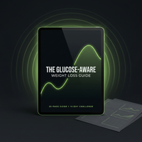The Glucose-Aware Weight Loss Guide cover on a tablet, dark background with a glowing green glucose curve and printable worksheets
