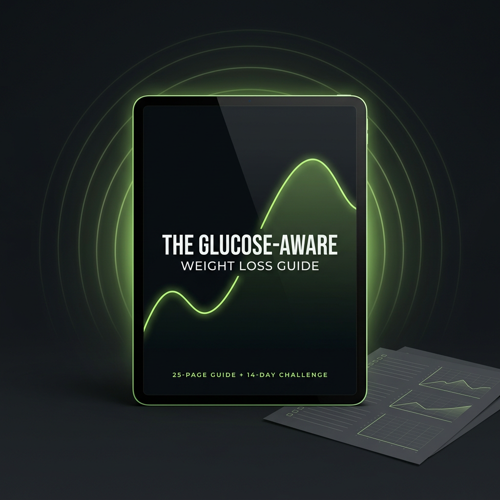 The Glucose-Aware Weight Loss Guide cover on a tablet, dark background with a glowing green glucose curve and printable worksheets