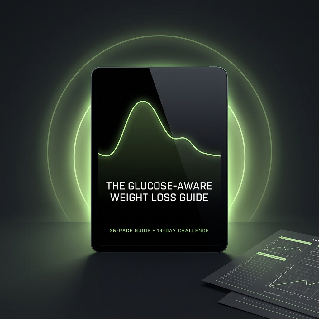 The guide displayed on a tablet against a dark background, with the baseline tracker and meal builder worksheets beside it