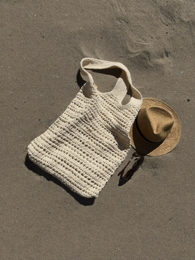 Grand tote bag de plage au crochet en coton écru sur le sable