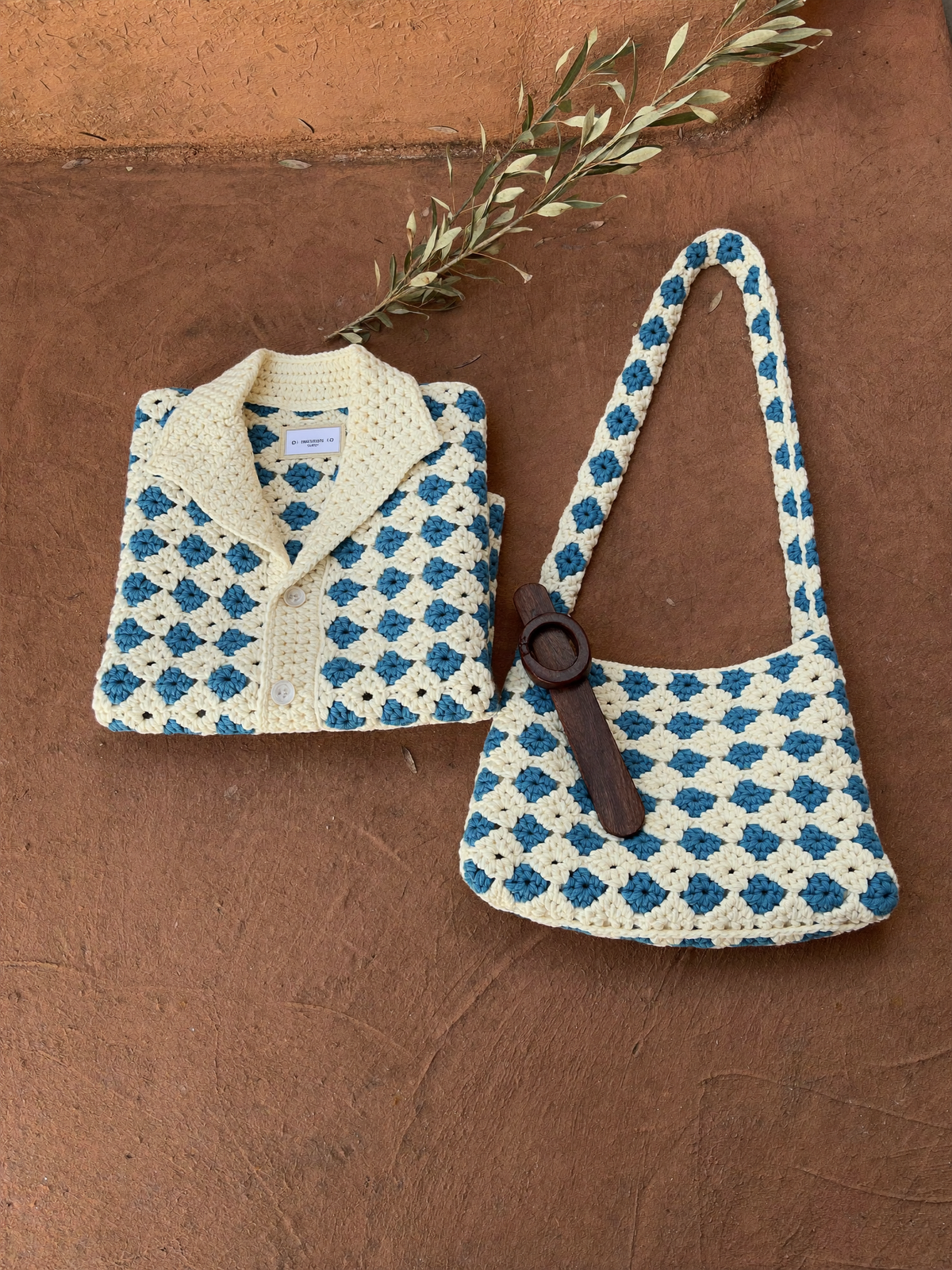 Duo granny square : cardigan plié et sac à anse en bois