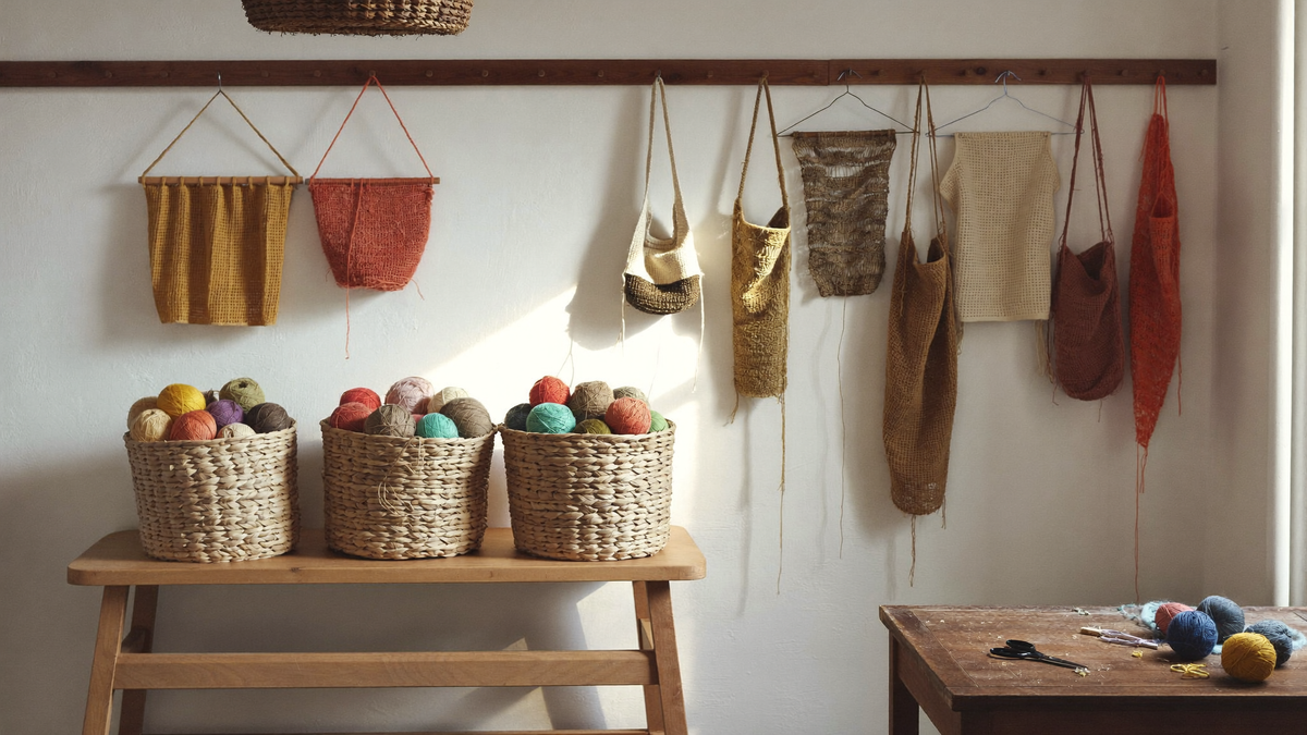 Atelier de crochet : paniers de pelotes de coton et pièces terminées